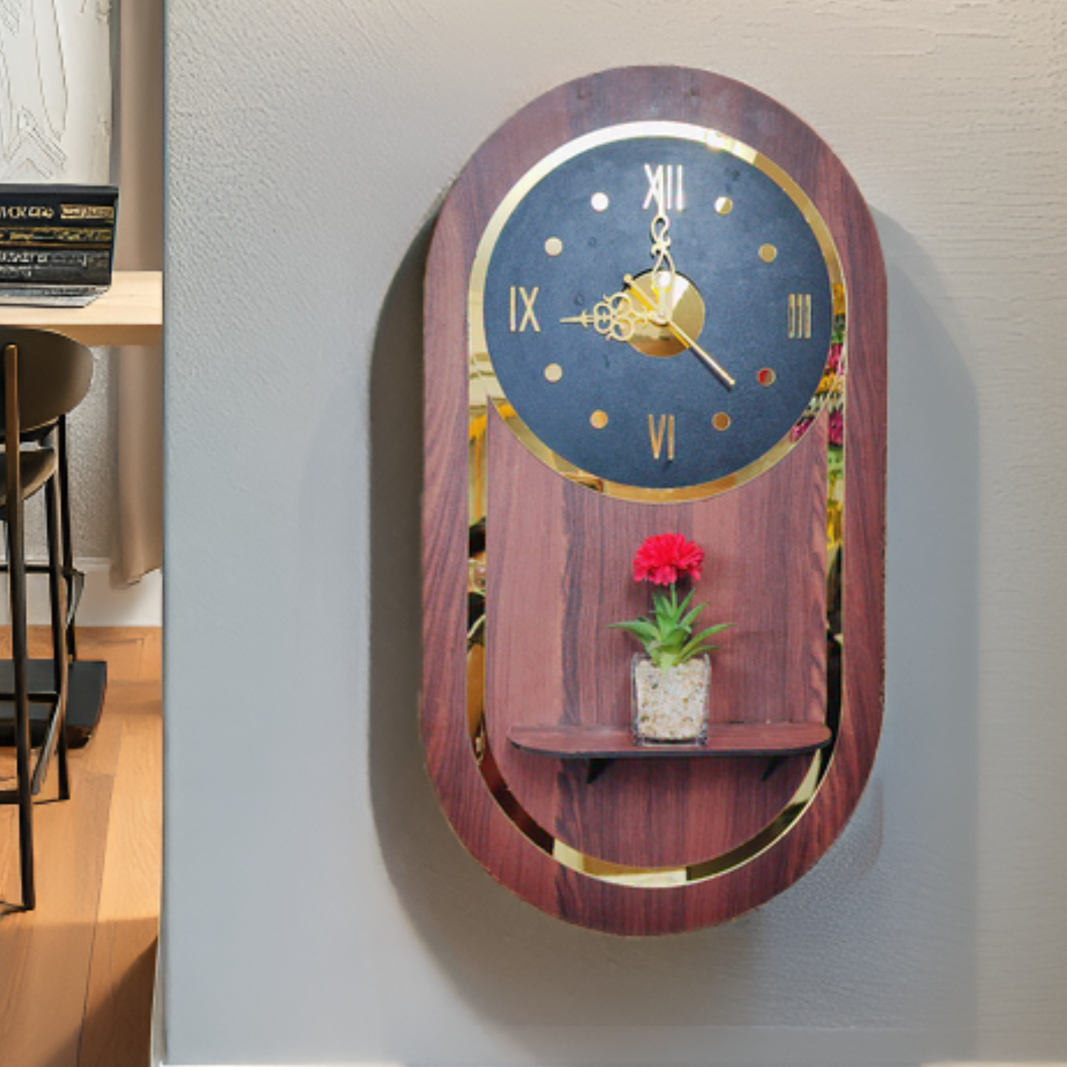 Wooden Charm Elegant Wall Clock With led Backlight and Built-in Ledge