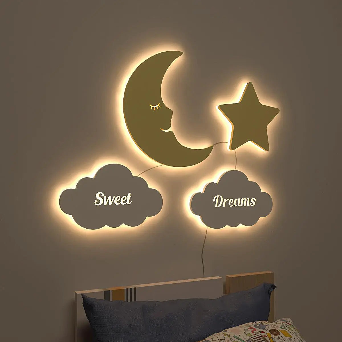 Sweet Dreams Moon & Star Backlit Wooden Wall Décor with Remote