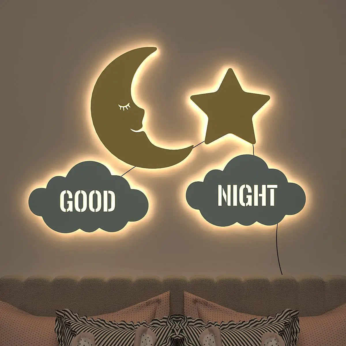 Good Night Moon & Star Backlit Wooden Wall Décor with Remote