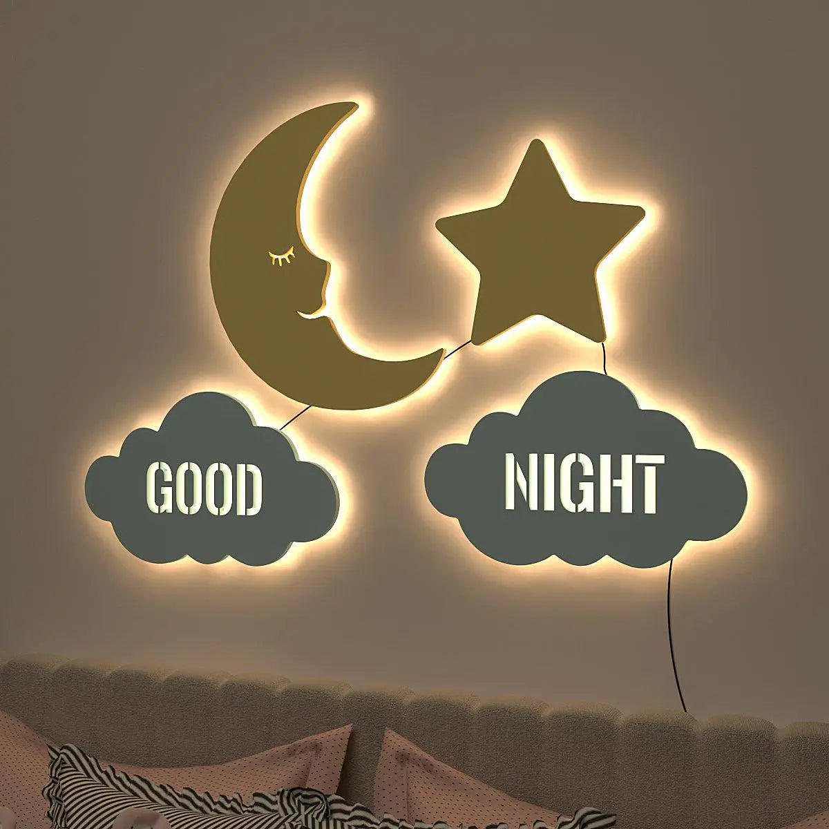 Good Night Moon & Star Backlit Wooden Wall Décor with Remote