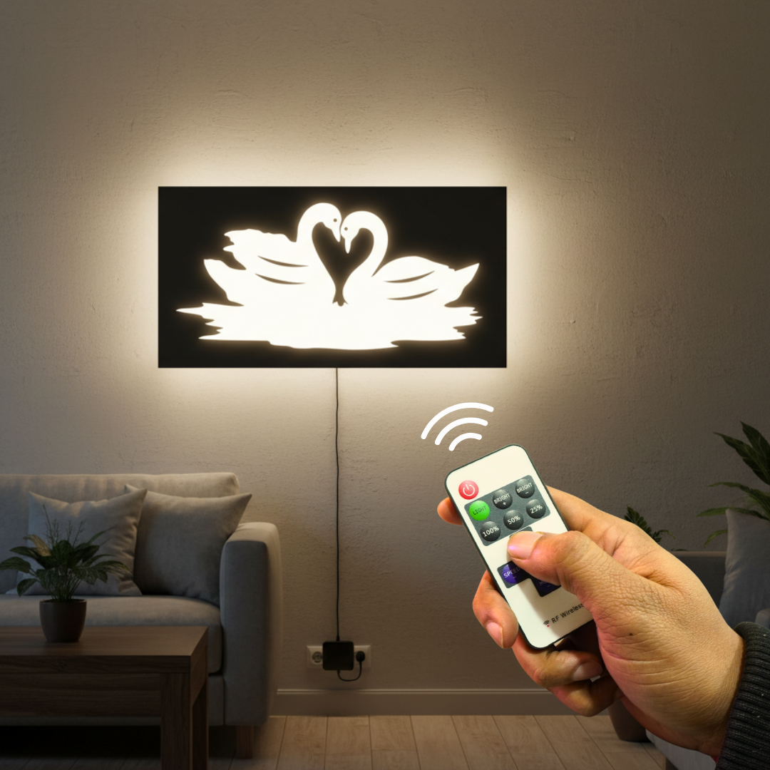 Loving Pair of Swan Backlit Wooden Wall Decor with LED Night Light With Remote