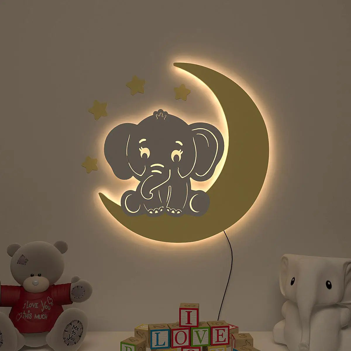 Playful Elephant & Moon Backlit Wooden Wall Décor with Remote