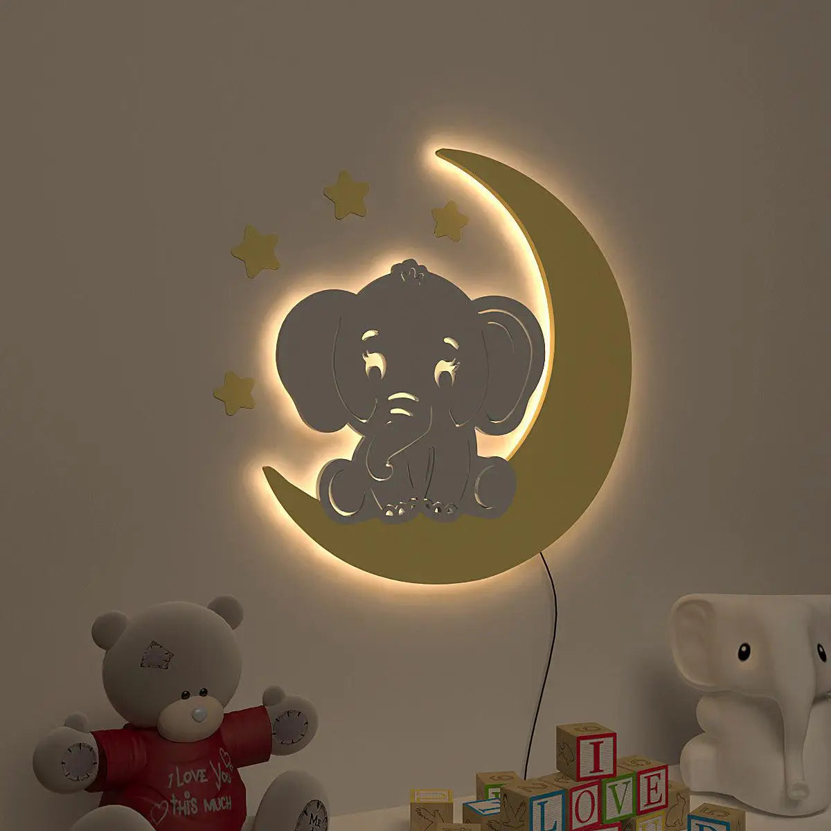 Playful Elephant & Moon Backlit Wooden Wall Décor with Remote