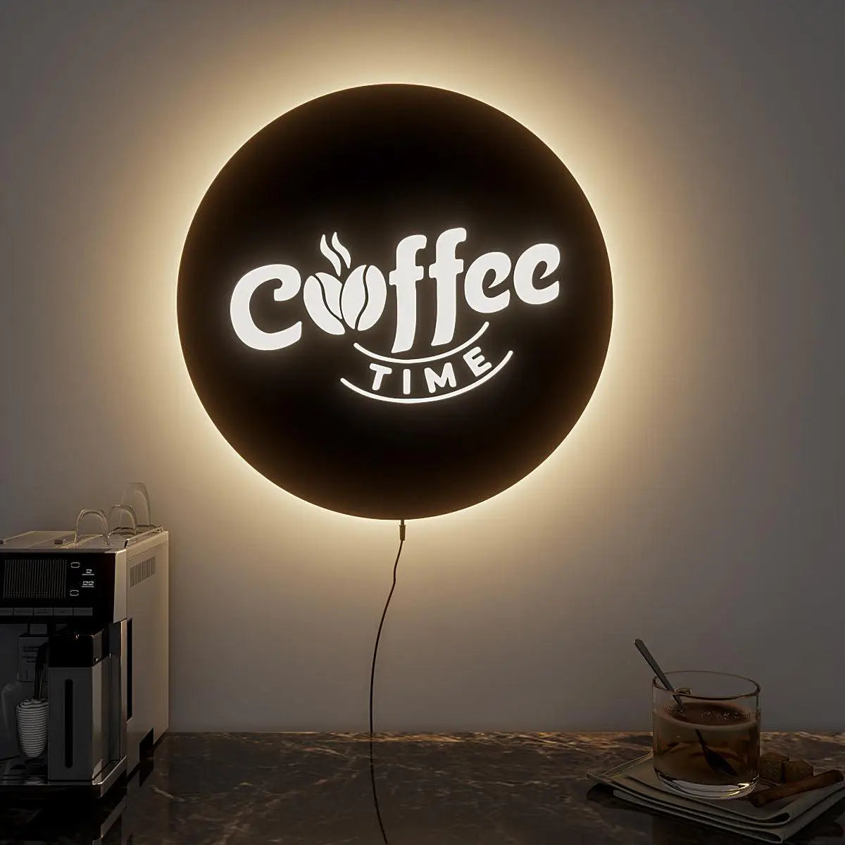 Designer Round Backlit Kitchen Wall Decor for Coffee Lovers with Remote