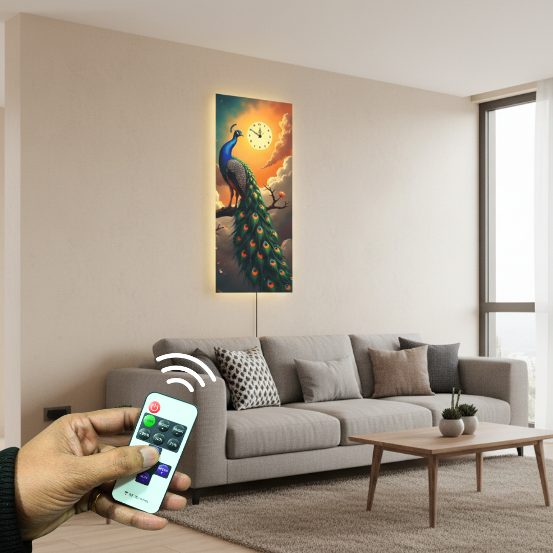 Peacock Print Wall Clock With Light