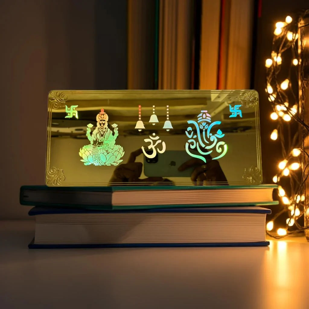 Gold Diwali Gift Item Decorative Light Lakshmi Ganesh Red Green Blue Light Blinking - Gift With Smile