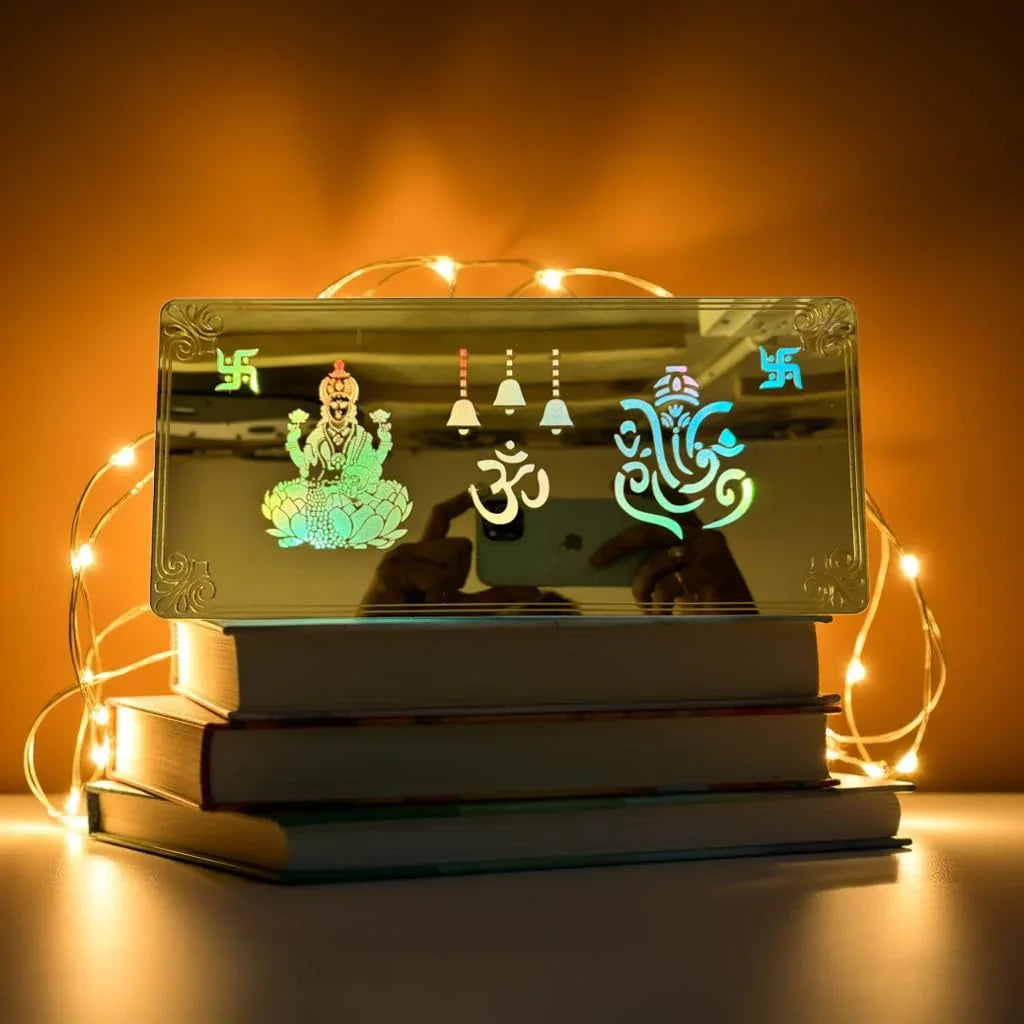 Gold Diwali Gift Item Decorative Light Lakshmi Ganesh Red Green Blue Light Blinking - Gift With Smile