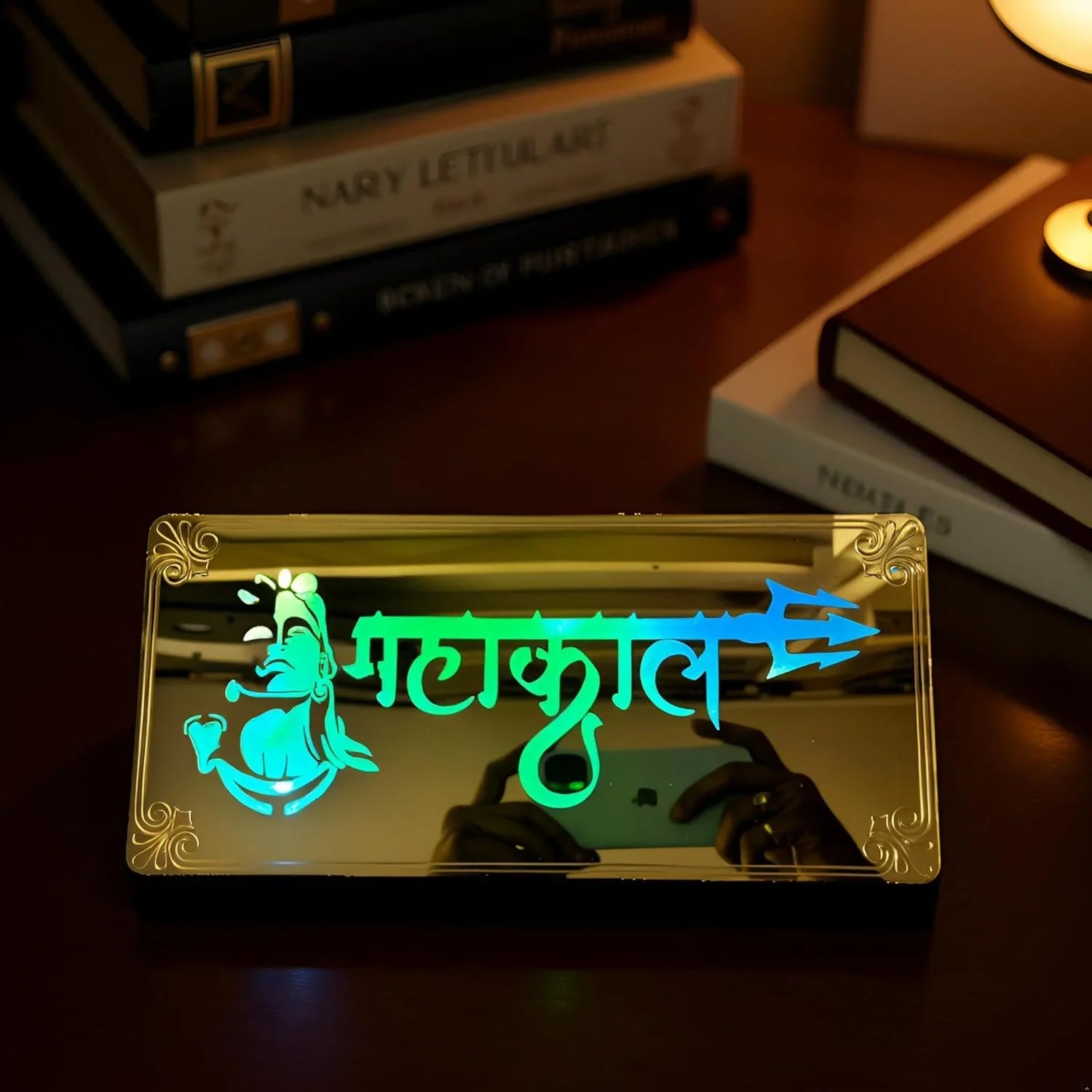 Gold Diwali Gift Item Decorative Light Jai Shree Mahakal Red Green Blue Light Blinking - Gift With Smile