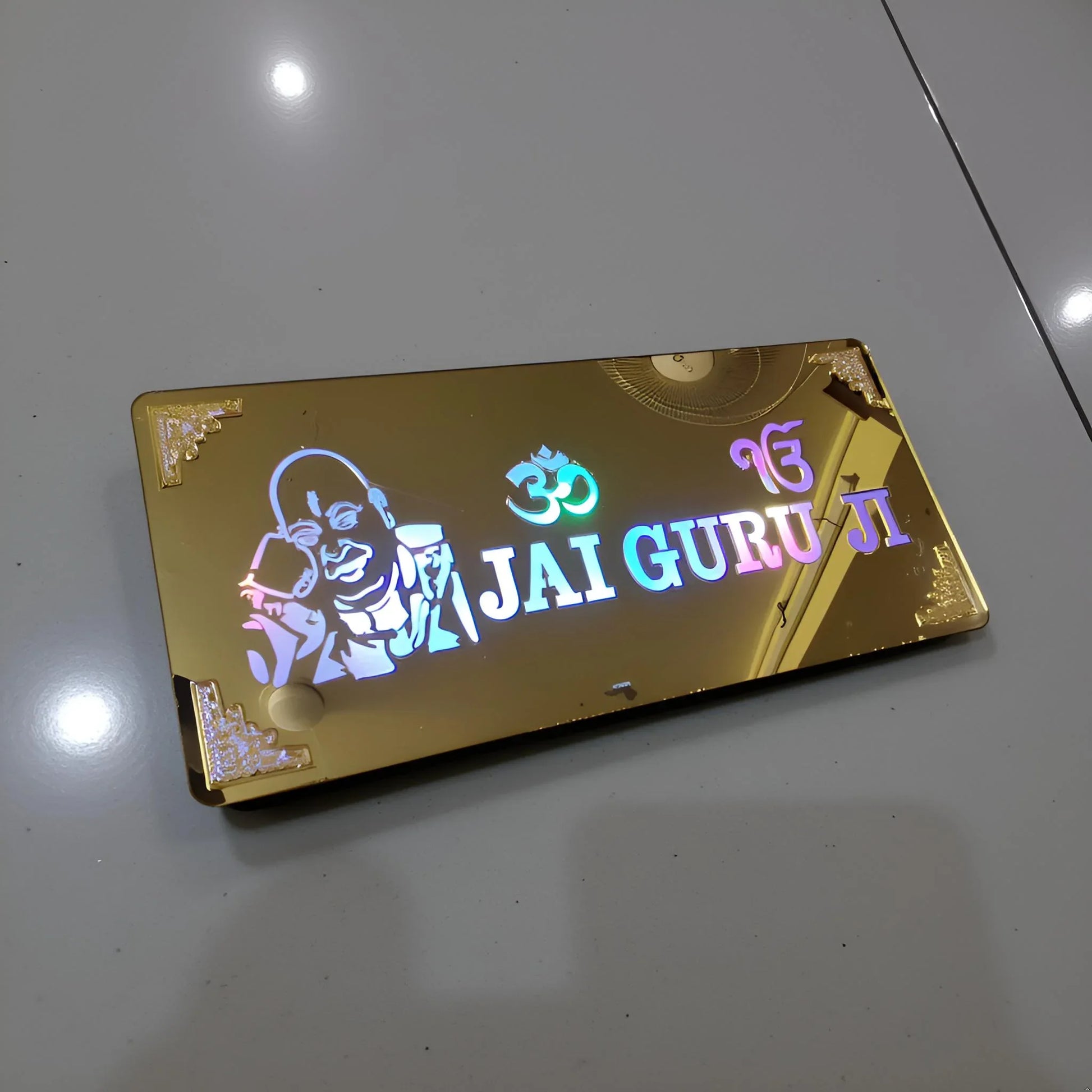 Gold Diwali Gift Item Decorative Light Jai Guru Ji Red Green Blue Light Blinking - Gift With Smile