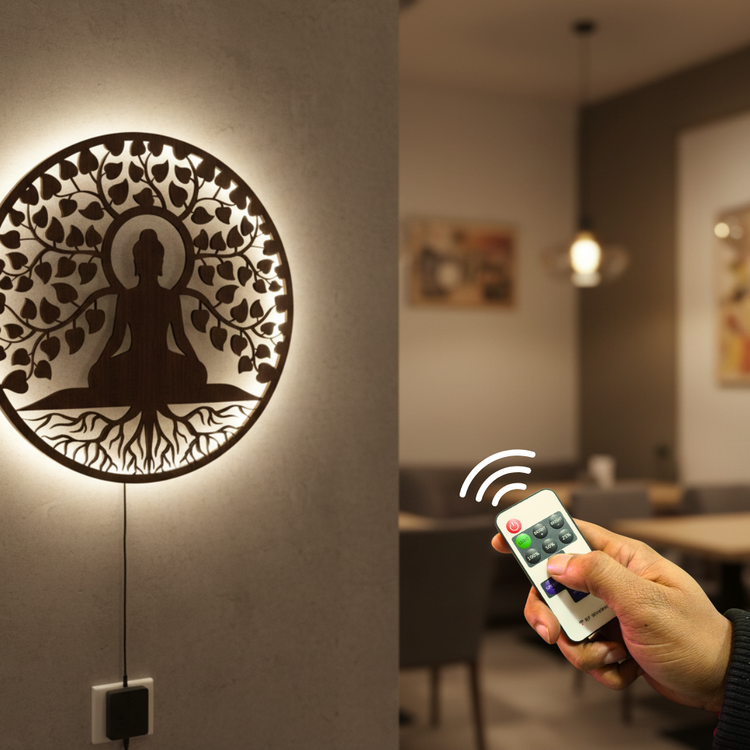 Meditating Lord Buddha Art Backlit Wooden Wall Hanging with LED Night Light With Remote