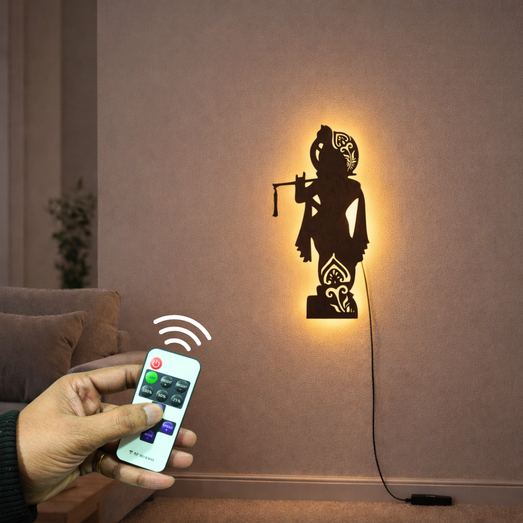 Lord Shree Krishna Backlit Wooden Wall Decor with LED Night Light With Remote