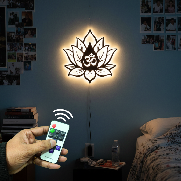 Hindu OM inside Lotus Flower Backlit Wooden Wall Decor with LED Night Light With Remote