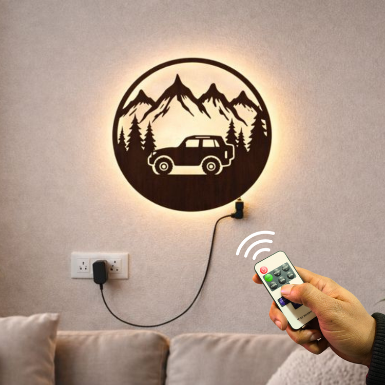 Mountain Forest Road Jeep Art Backlit Wooden Wall Hanging with LED Night Light With Remote