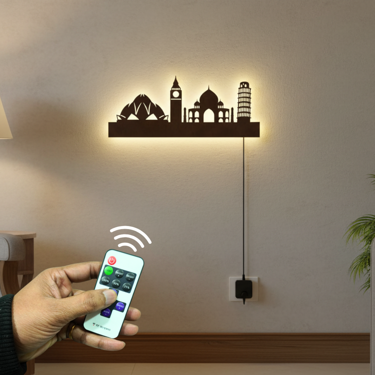 Famous Architectures Backlit Design Wooden Wall Hanging with LED Night Light With remote