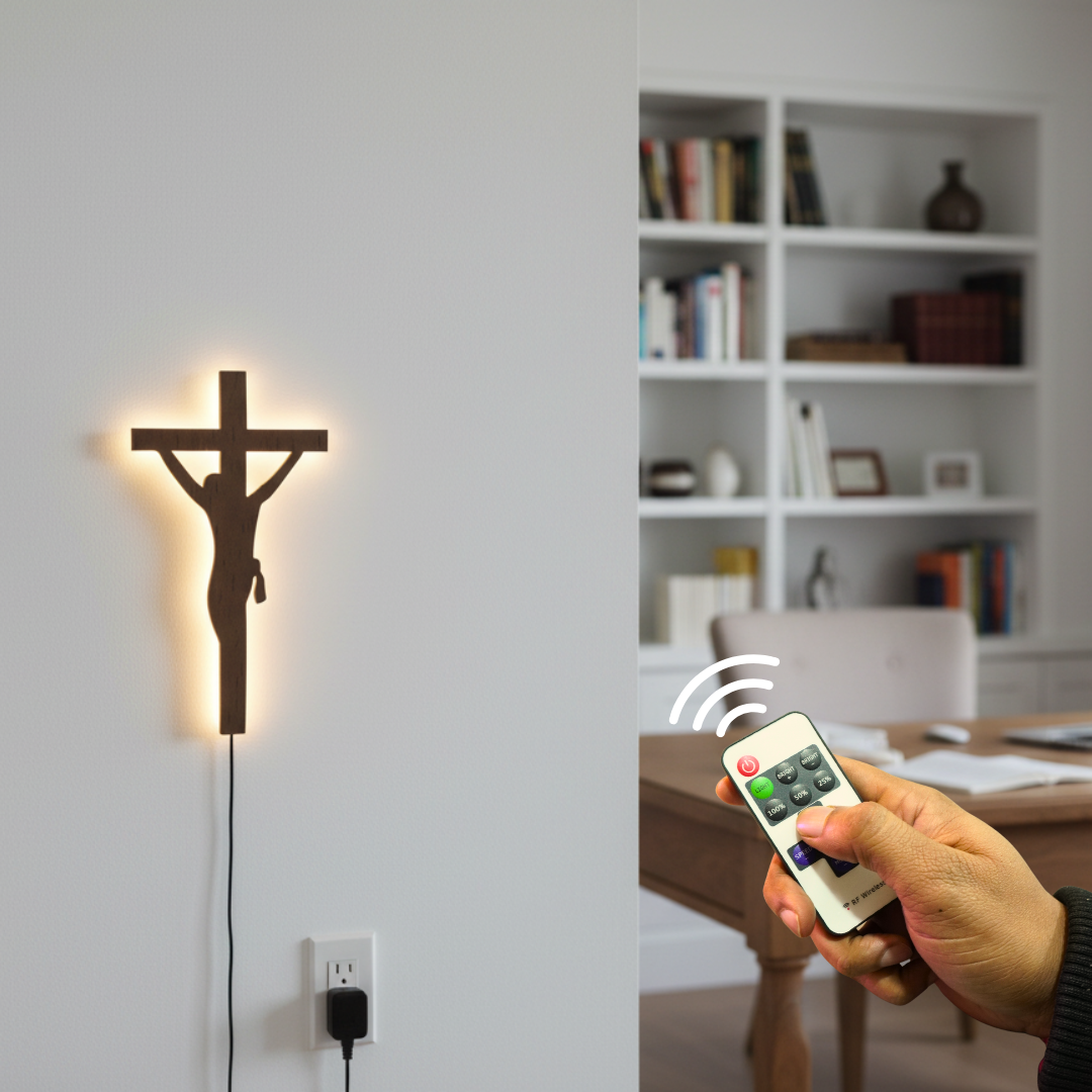 Jesus Crosses Backlit Wooden Wall Hanging with LED Night Light With Remote