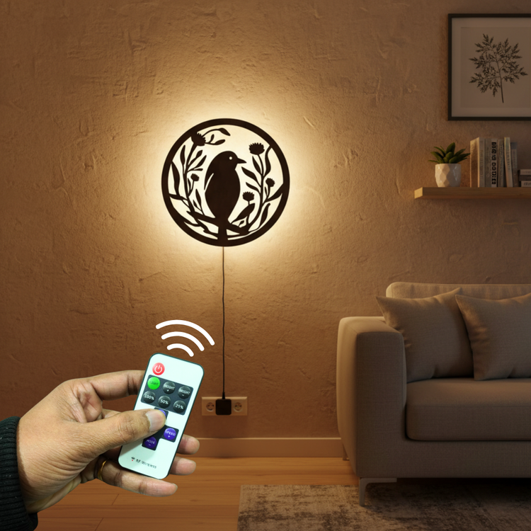 Beautiful Bird with Flower Round Backlit Wooden Wall Hanging with LED Night Light With Remote