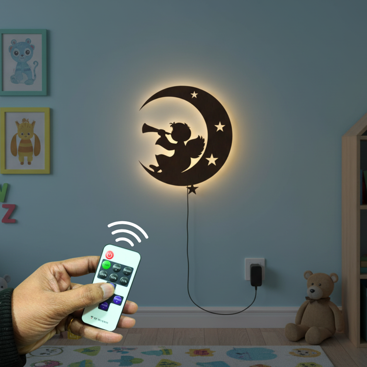 Silhouette Angel Backlit Wooden Wall Hanging with LED Night Light With Remote