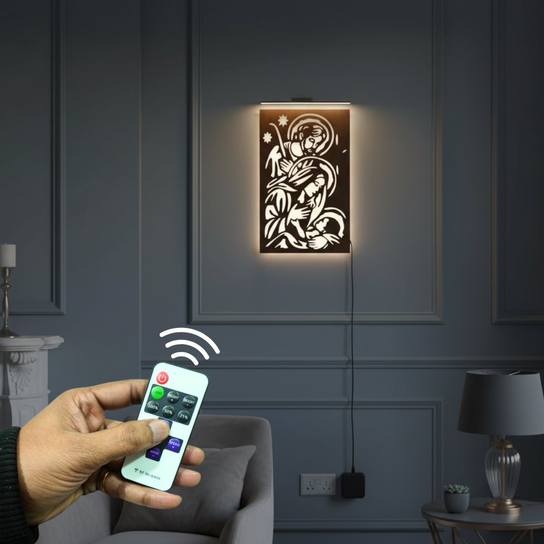 Baby Jesus Virgin Mary Joseph Holy Family Backlit Wooden Wall Hanging with LED Night Light Walnut Finish