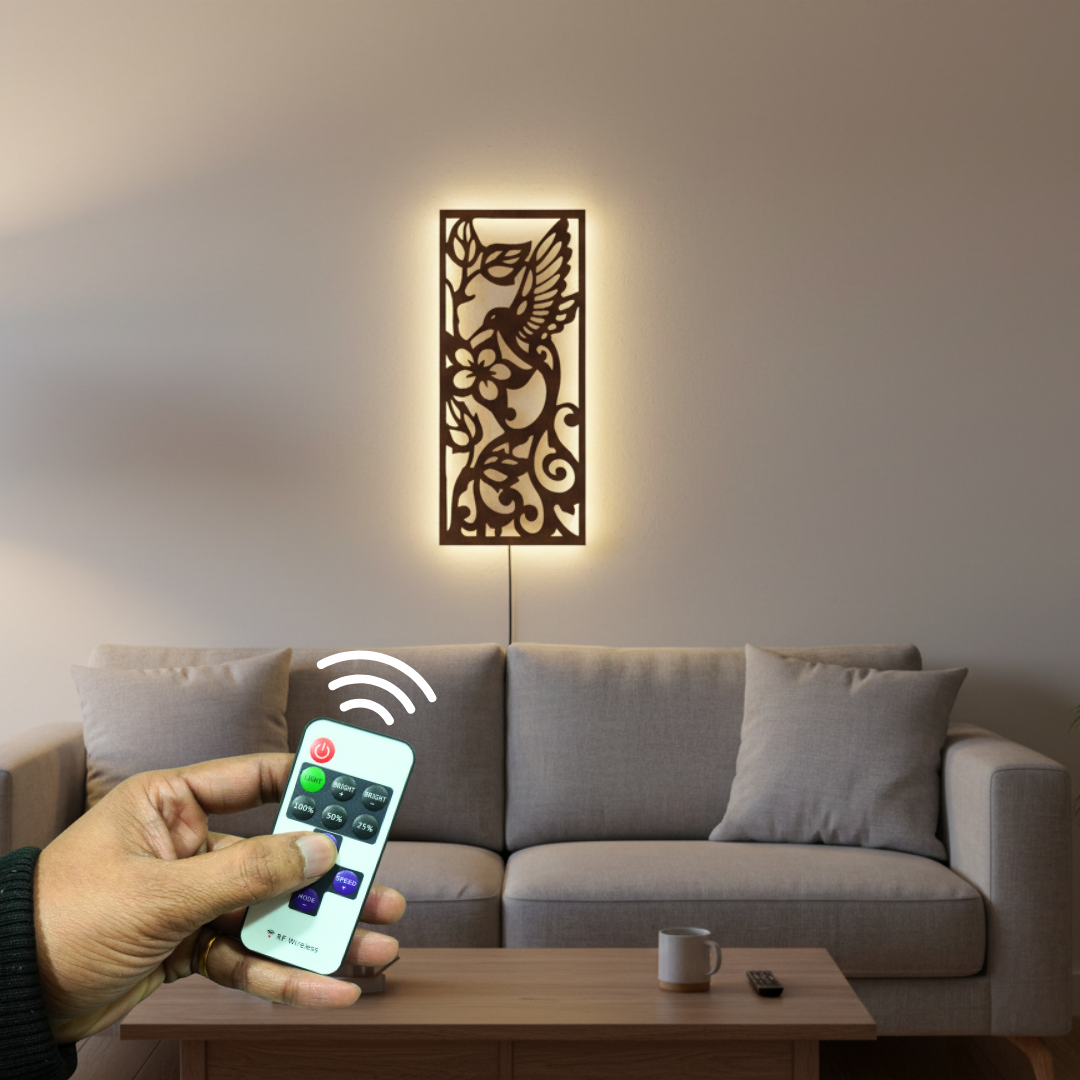 Beautiful Bird with Flower Backlit Wooden Wall Hanging with LED Night Light With Remote