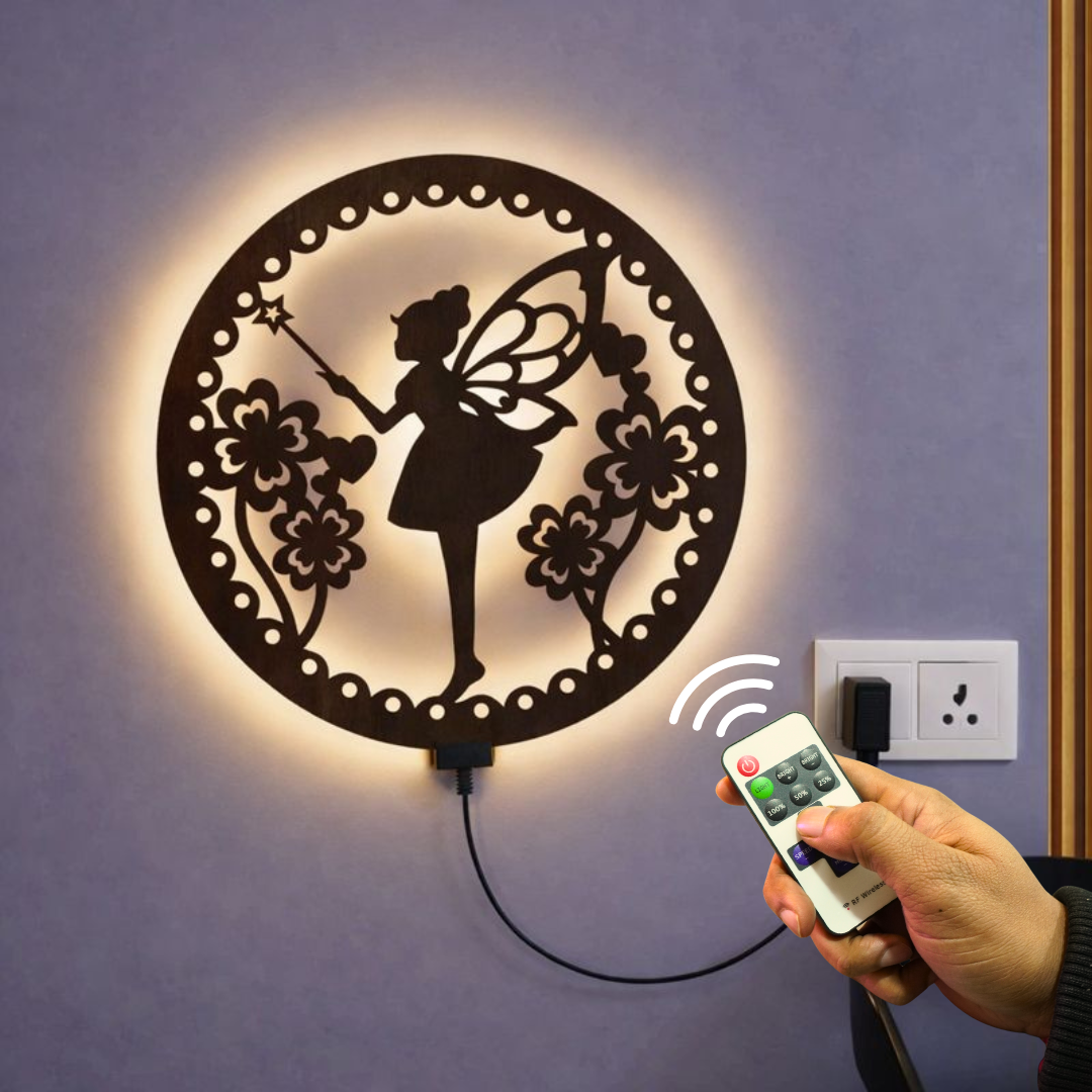 Fairy Butterfly Angel Backlit Wooden Wall Hanging with LED Night Light With Remote