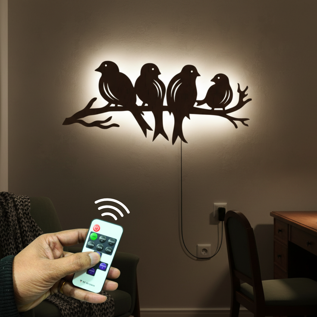 Birds Sitting on Branch Backlit Wooden Wall Decor with LED Night Light With Remote