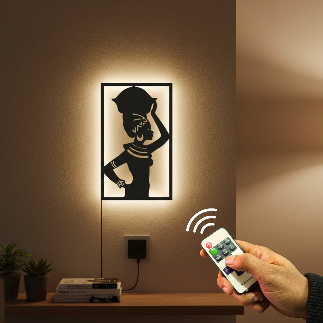 Beautiful African Women Backlit Wooden Wall Hanging with LED Night Light With Remote