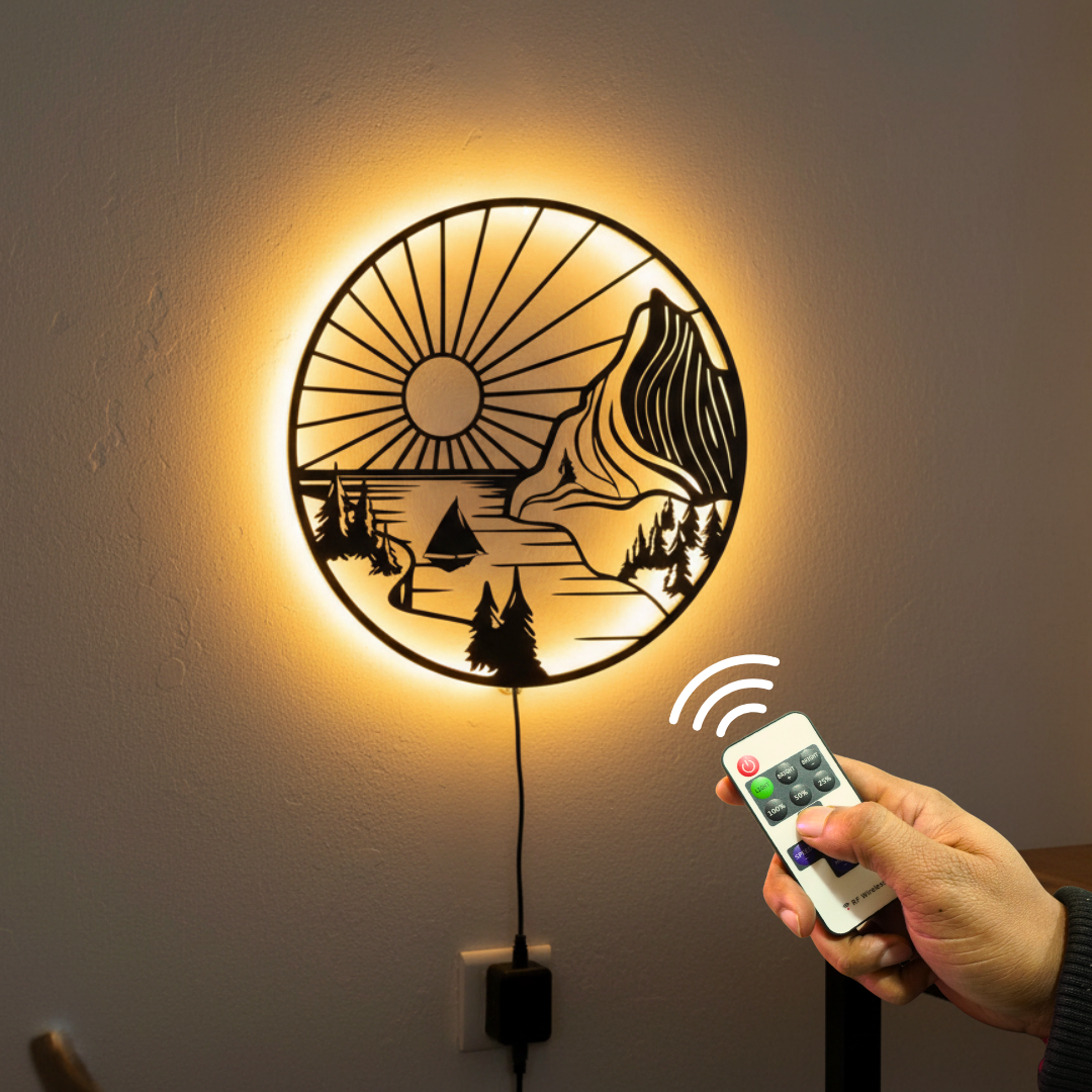 Beautiful Mountain and Rising Sun Scenery Backlit Wooden Wall Decor with LED Night Light With Remote