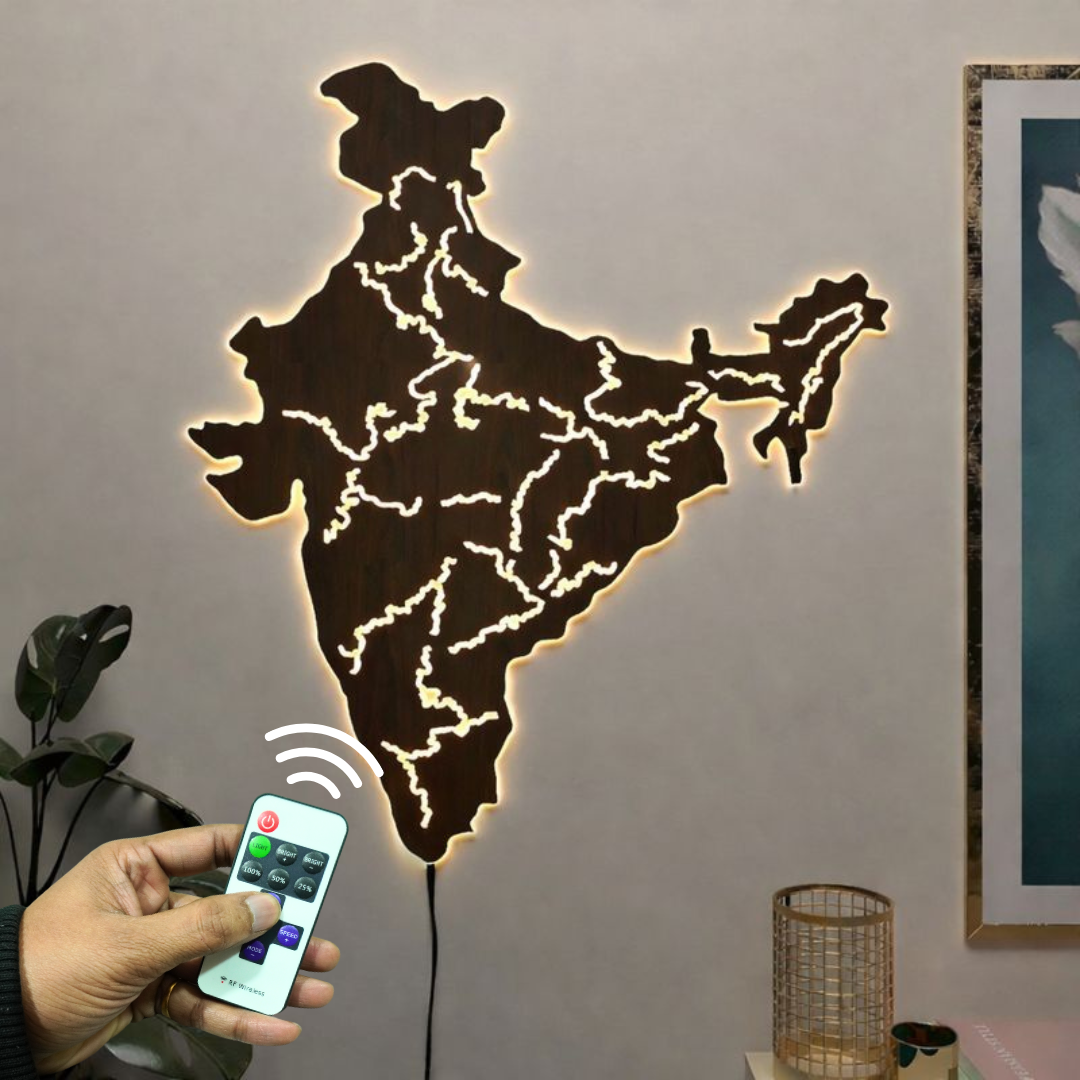 India Map Backlit Wooden Wall Decor with LED Night Light Walnut Finish