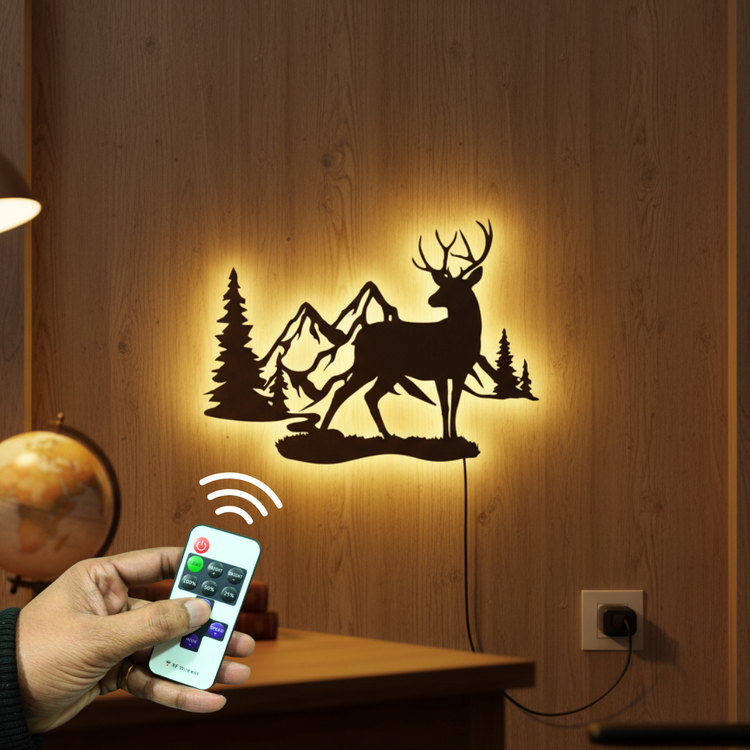 Rustic Forest Deer Backlit Wooden Wall Decor with LED Night Light With Remote