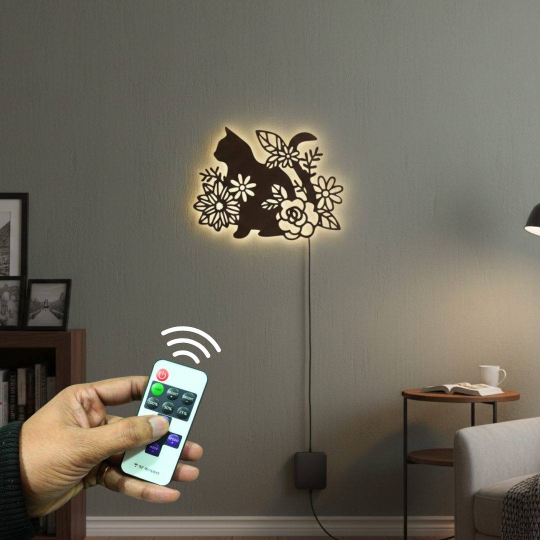 Cat with Flower Backlit Wooden Wall Decor with LED Night Light With Remote