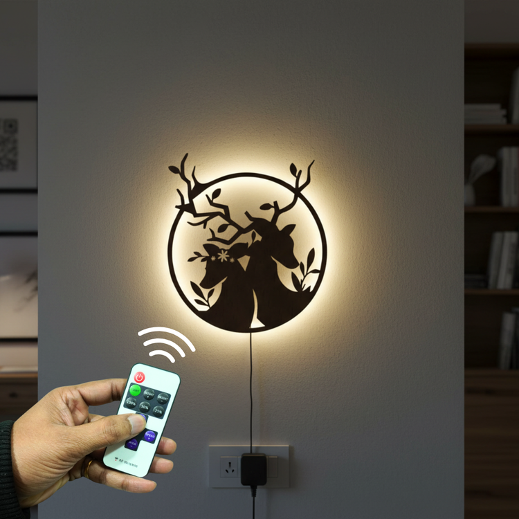 Loving Deer in Round Shaped Backlit Wooden Wall Decor with LED Night Light With Remote