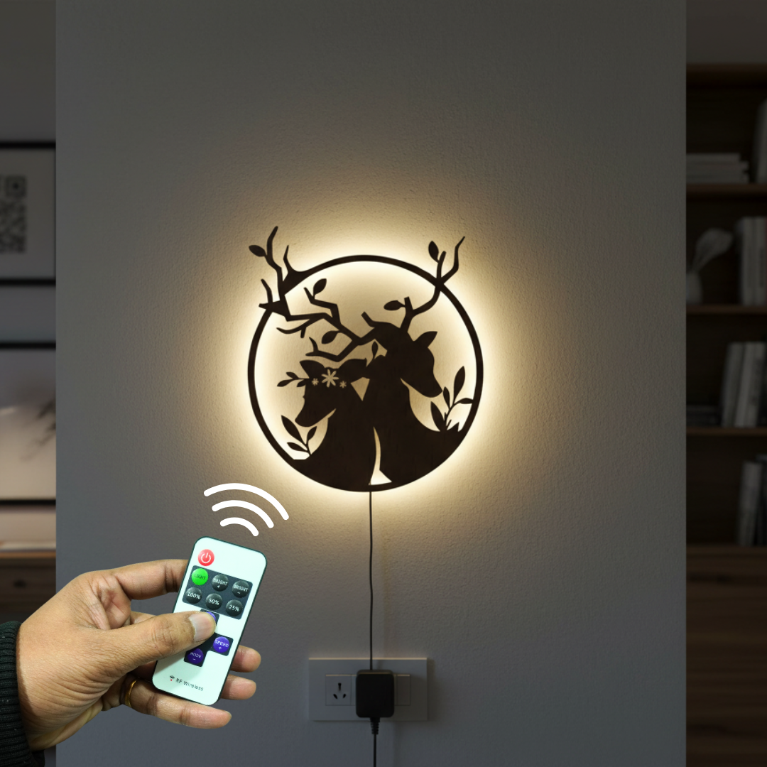Loving Deer in Round Shaped Backlit Wooden Wall Decor with LED Night Light With Remote