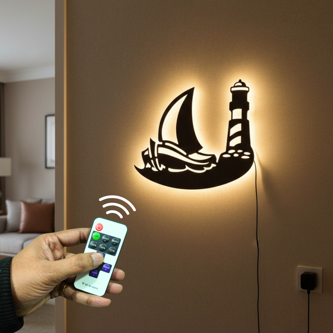 Sailboat Lighthouse Backlit Wooden Wall Decor with LED Night Light With Remote