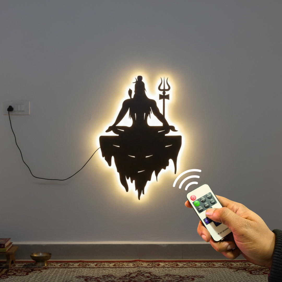 Adiyogi Mahakal Lord Shiva Premium Backlit Design Wooden Wall Hanging with LED Night Light With Remote