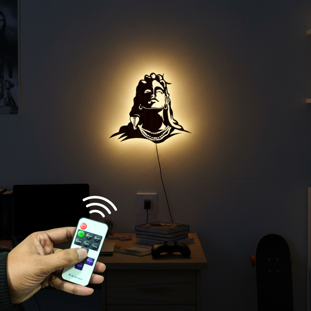 Adiyogi Lord Shiva Premium Backlit Design Wooden Wall Hanging with LED Night Light With Remote