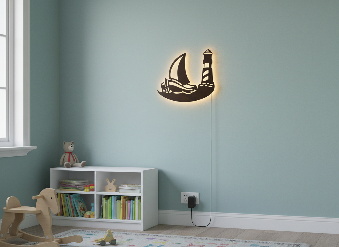 Sailboat Lighthouse Backlit Wooden Wall Decor with LED Night Light With Remote