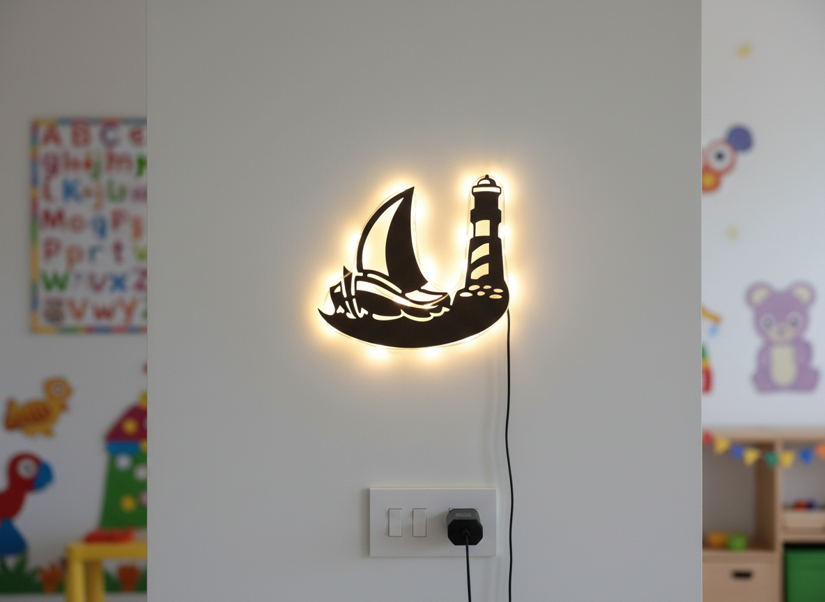 Sailboat Lighthouse Backlit Wooden Wall Decor with LED Night Light With Remote