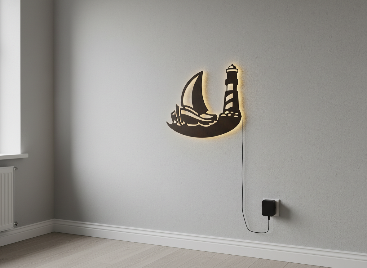 Sailboat Lighthouse Backlit Wooden Wall Decor with LED Night Light With Remote