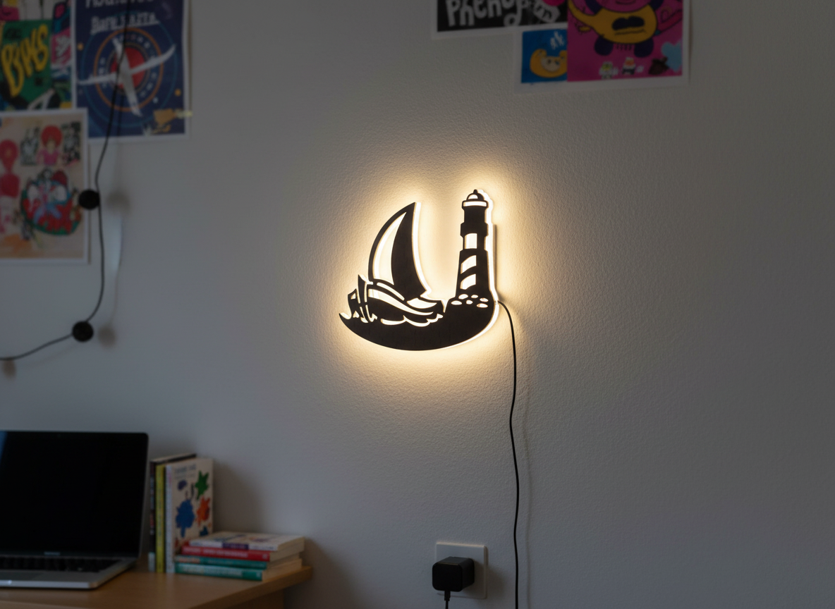Sailboat Lighthouse Backlit Wooden Wall Decor with LED Night Light With Remote