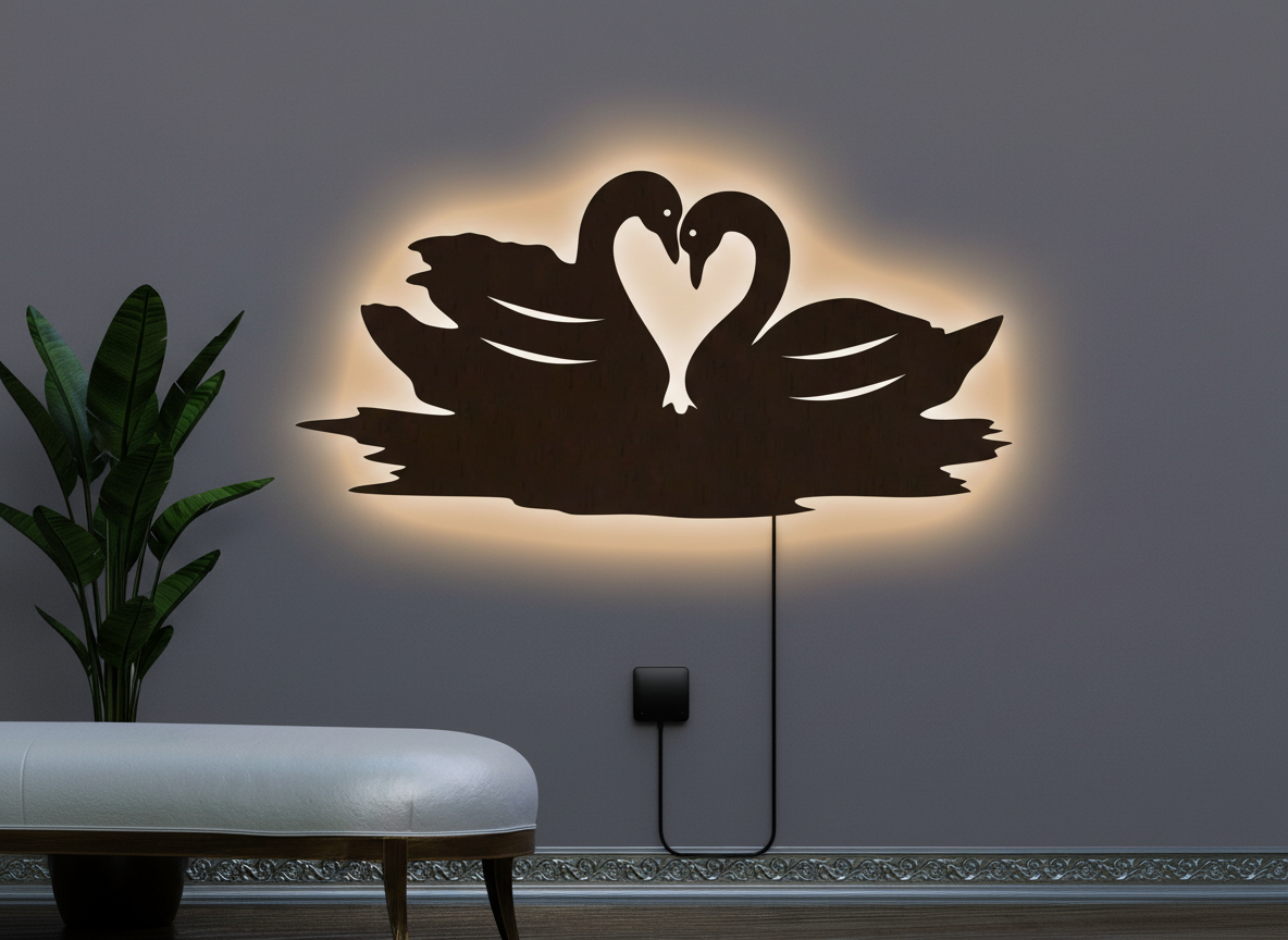 Loving Pair of Swan Backlit Wooden Wall Decor with LED Night Light With Remote