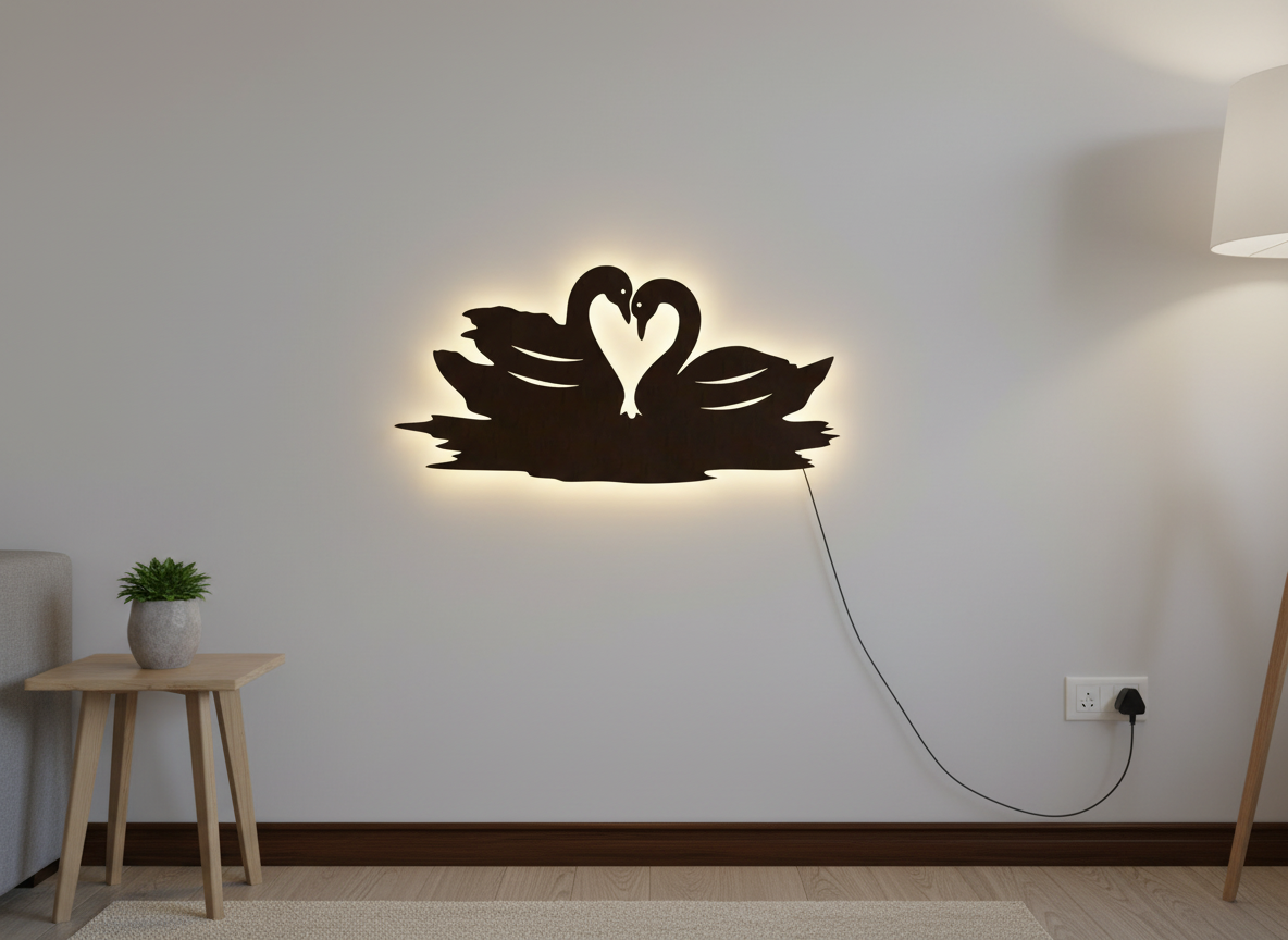 Loving Pair of Swan Backlit Wooden Wall Decor with LED Night Light With Remote