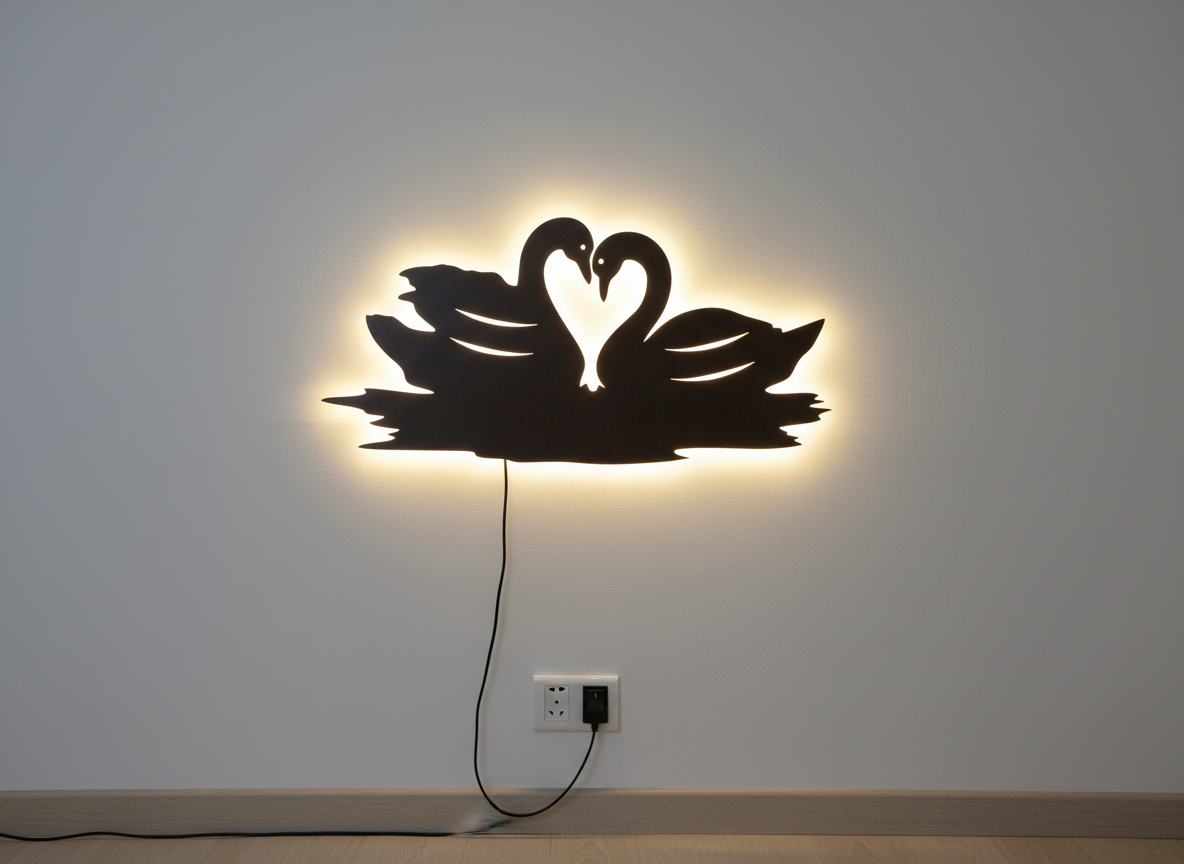 Loving Pair of Swan Backlit Wooden Wall Decor with LED Night Light With Remote