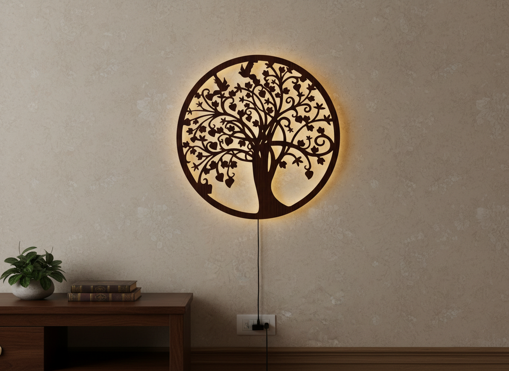 Beautiful Tree of life Round Backlit Wooden Wall Hanging with LED Night Light With Remote