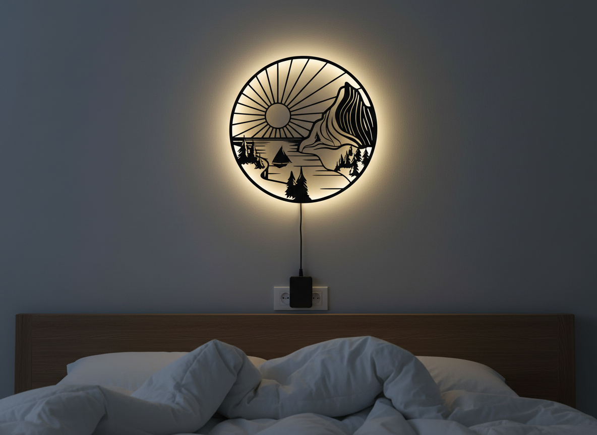 Beautiful Mountain and Rising Sun Scenery Backlit Wooden Wall Decor with LED Night Light With Remote