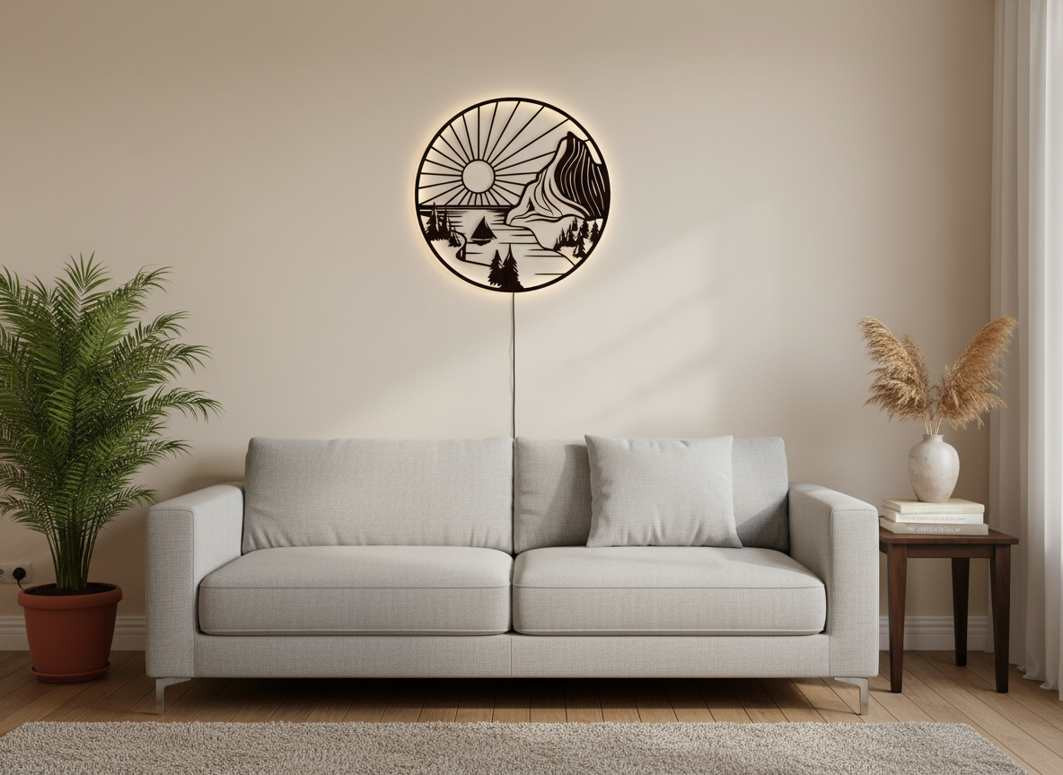 Beautiful Mountain and Rising Sun Scenery Backlit Wooden Wall Decor with LED Night Light With Remote