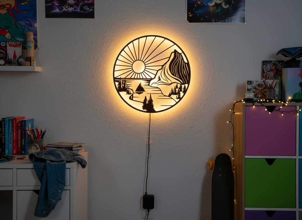 Beautiful Mountain and Rising Sun Scenery Backlit Wooden Wall Decor with LED Night Light With Remote