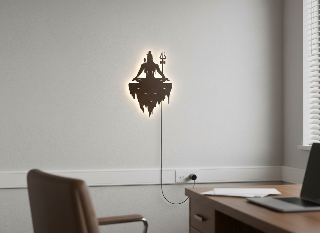 Adiyogi Mahakal Lord Shiva Premium Backlit Design Wooden Wall Hanging with LED Night Light With Remote