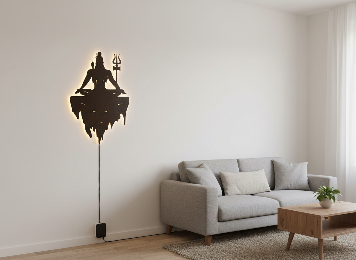 Adiyogi Mahakal Lord Shiva Premium Backlit Design Wooden Wall Hanging with LED Night Light With Remote
