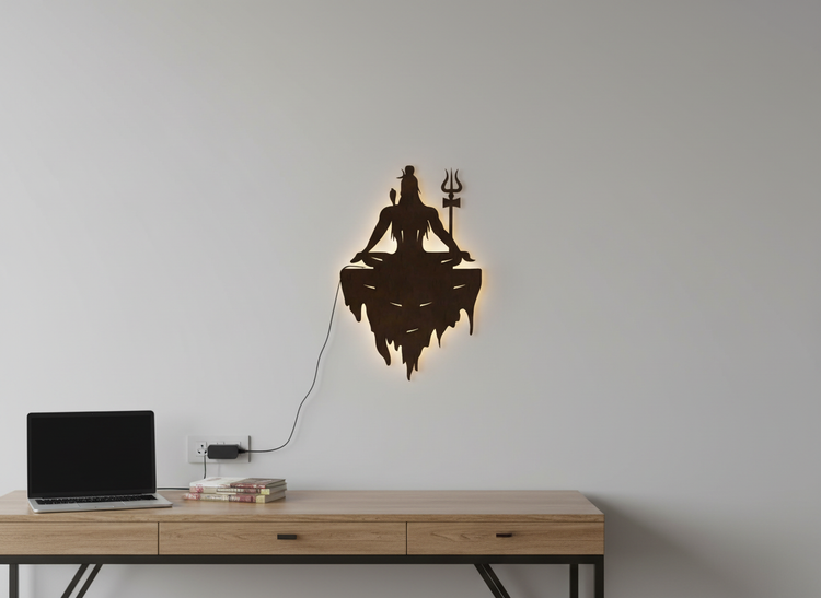 Adiyogi Mahakal Lord Shiva Premium Backlit Design Wooden Wall Hanging with LED Night Light With Remote