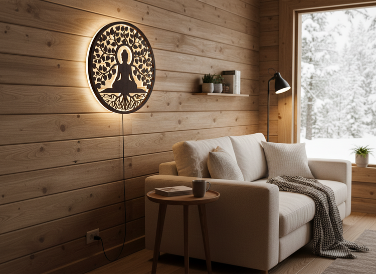 Meditating Lord Buddha Art Backlit Wooden Wall Hanging with LED Night Light With Remote